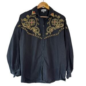 Womens Western Shirt Medium‎ Black Button Up Gold Beaded Glam Beaded Festival